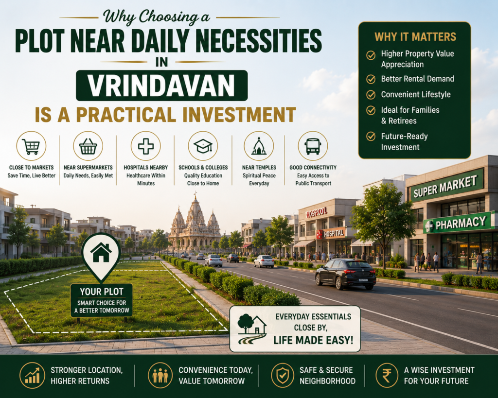 residential plot in Vrindavan near grocery stores, pharmacy, and local market